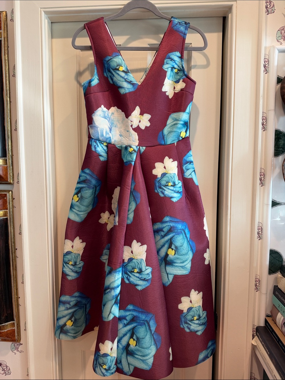 Floral Fit-and-Flare Dress in Burgundy with Blue Roses